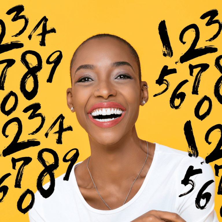 woman smiling with numbers floating around in a yellow background