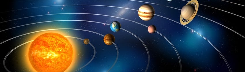 An illustration of the planets in our solar system in line with the Sun.