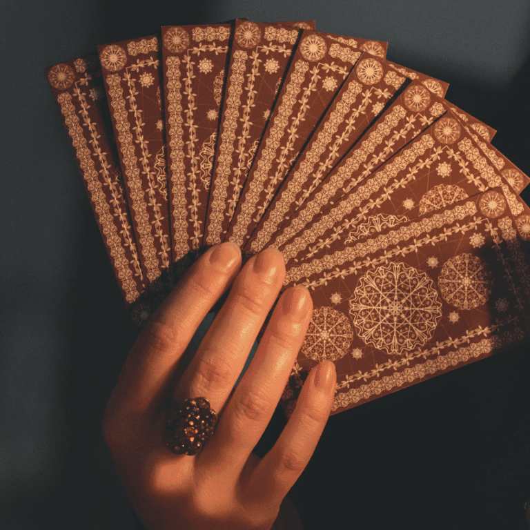 A hand holds a handful of brown Tarot cards, facing backwards.